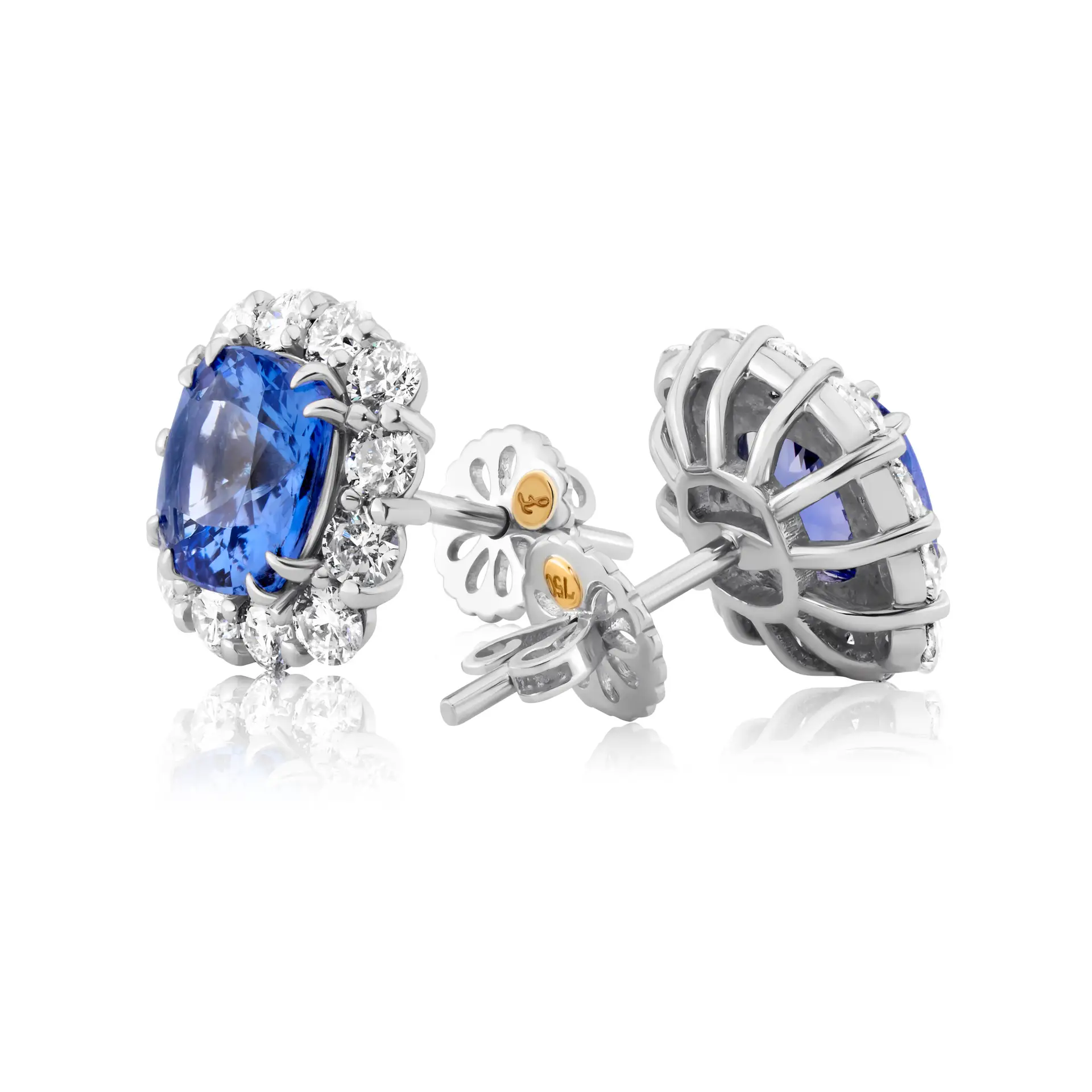 Cushion Cut Sapphire Studs with Diamond Halo in White Gold