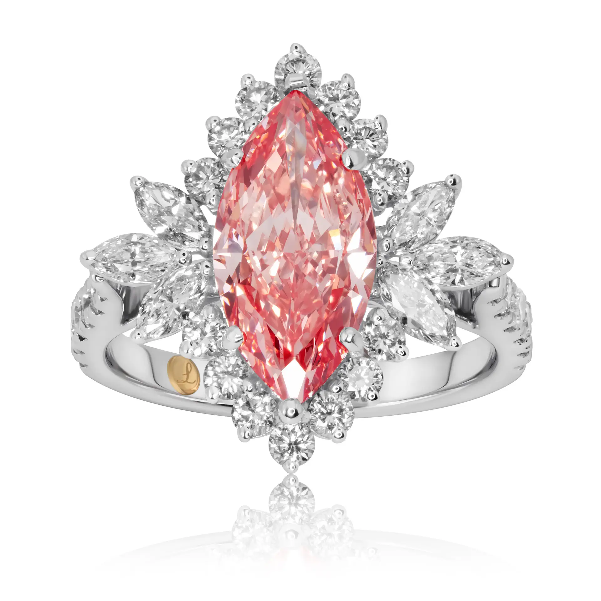 Pink Diamond Ring - Marquise Cut and White Diamond Halo