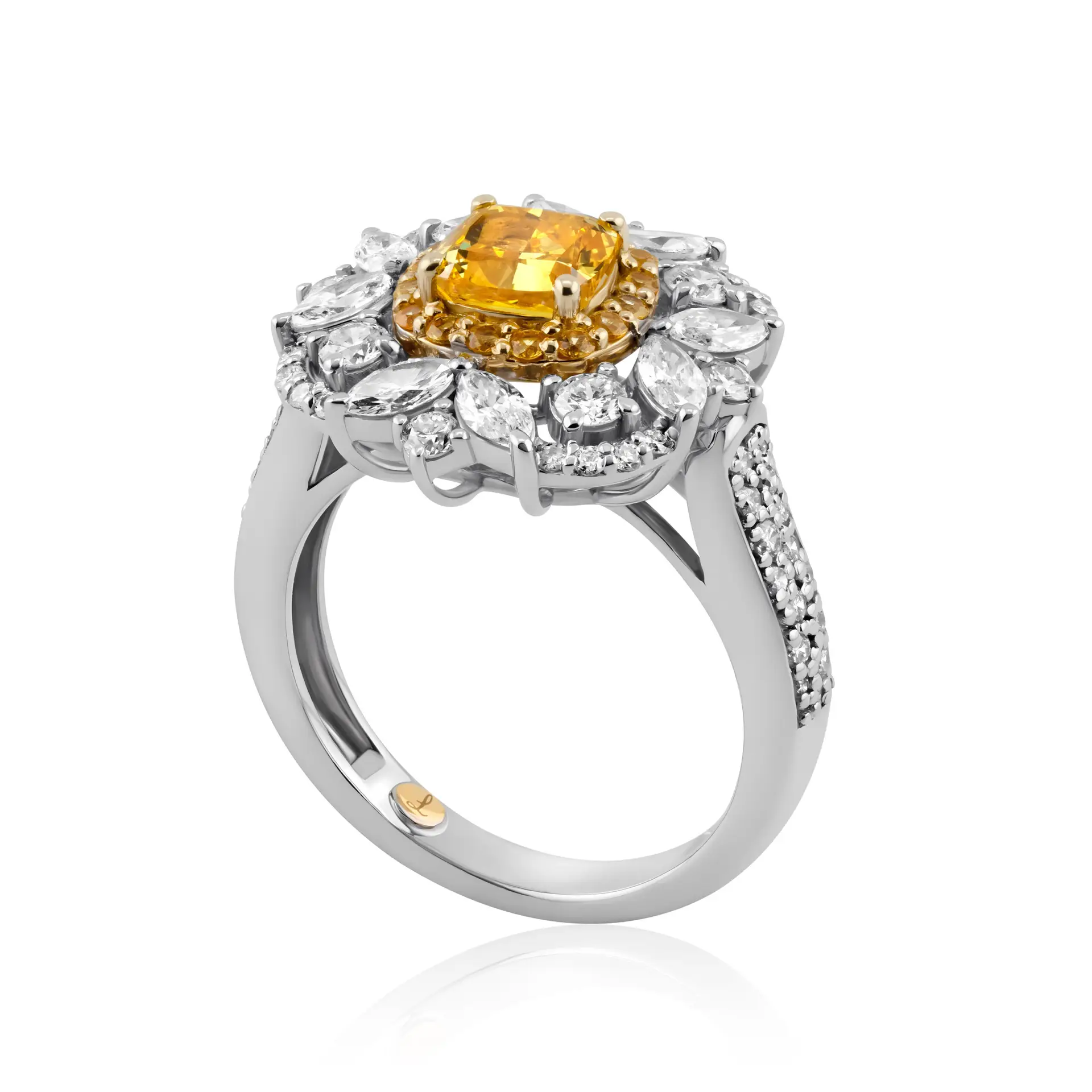 Cushion Cut Yellow Diamond Ring with Sapphires and Diamonds