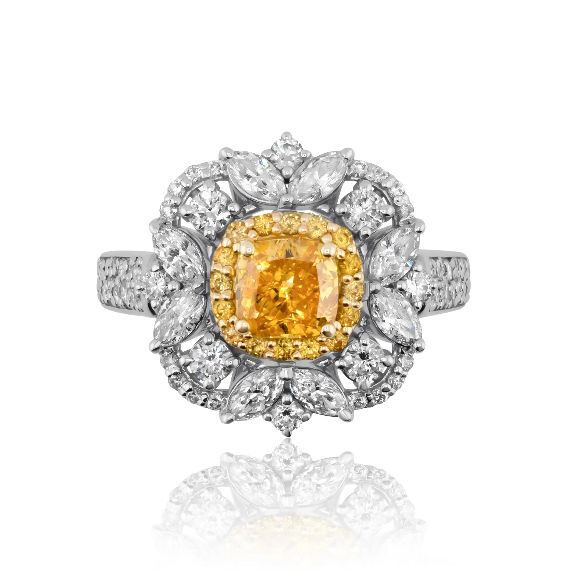 Cushion Cut Yellow Diamond Ring with Sapphires and Diamonds
